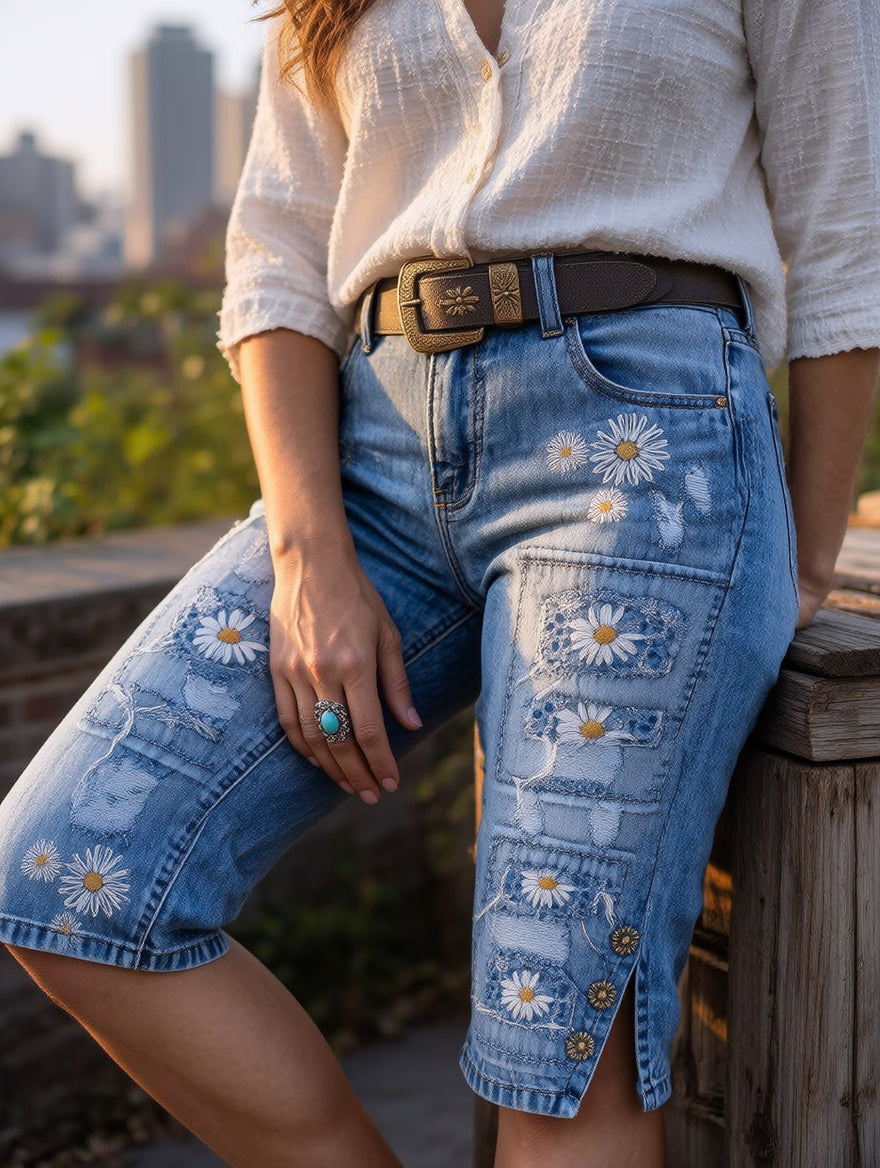 Retro Style Floral Art Print Vintage Casual Denim Shorts