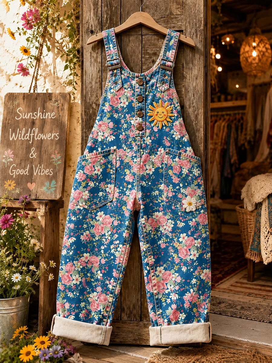 Women's Retro Style Art Print Washed Cotton Denim Patchwork Jumpsuit