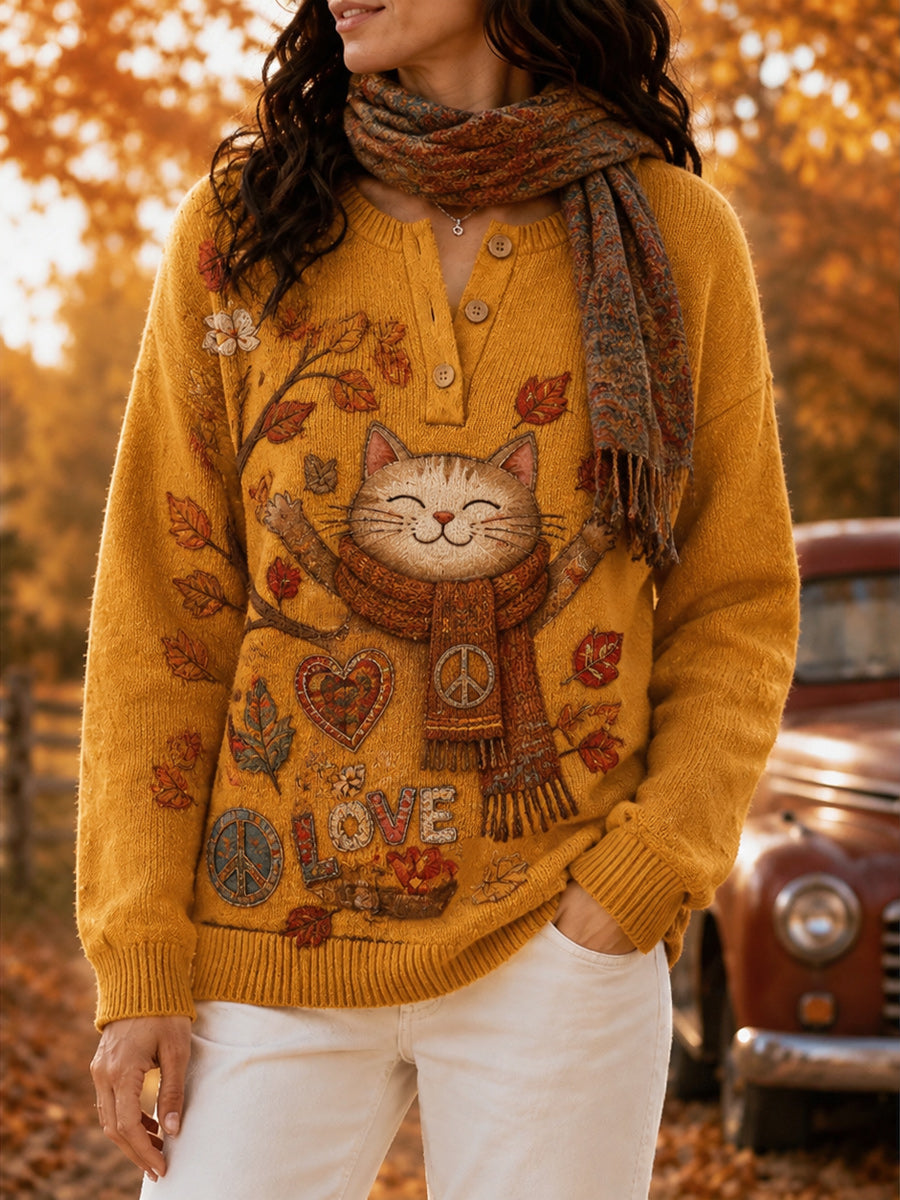 Women's Retro Autumn Art Print Knit Sweater