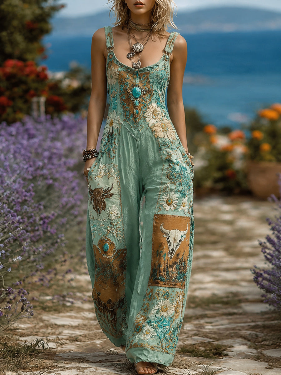 Women's Retro Style Art Print Washed Cotton Denim Patchwork Jumpsuit