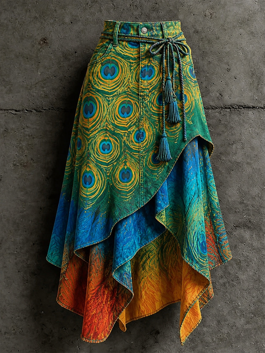 Women's Retro Style Art Print Irregularly Layered Stitched Skirt
