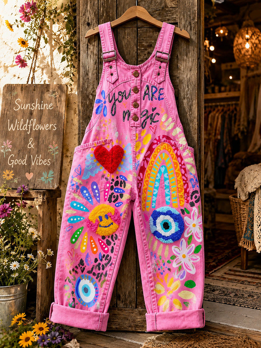 Women's Retro Style Art Print Washed Cotton Denim Patchwork Jumpsuit