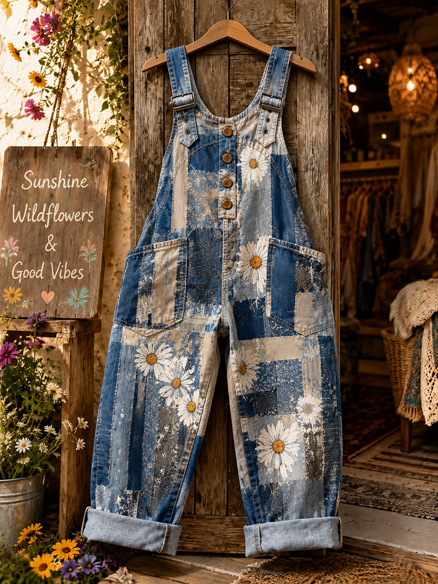 Women's Retro Style Art Print Washed Cotton Denim Patchwork Jumpsuit