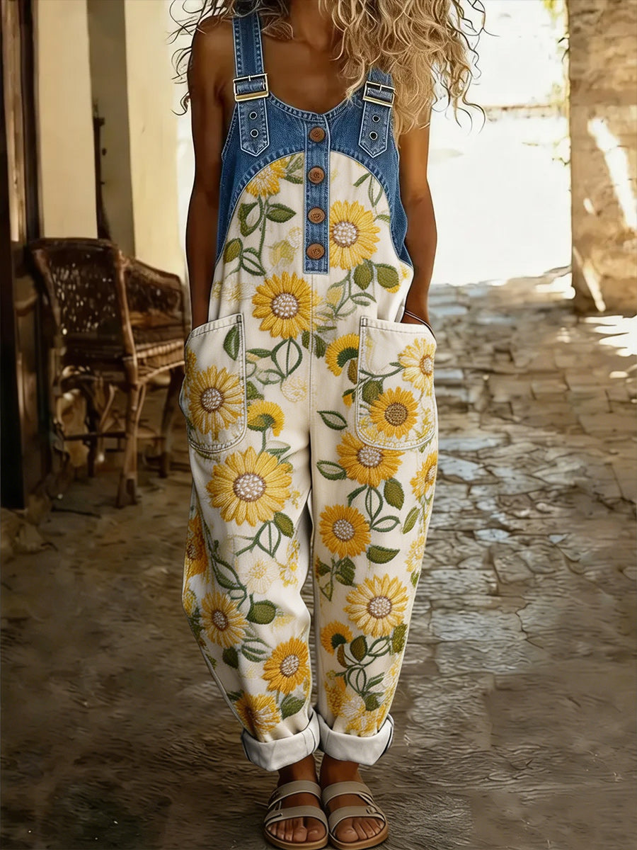 Women's Retro Style Art Print Washed Cotton Denim Patchwork Jumpsuit