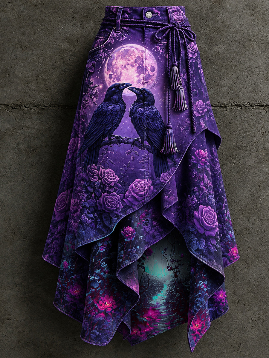Women's Retro Style Art Print Irregularly Layered Stitched Skirt