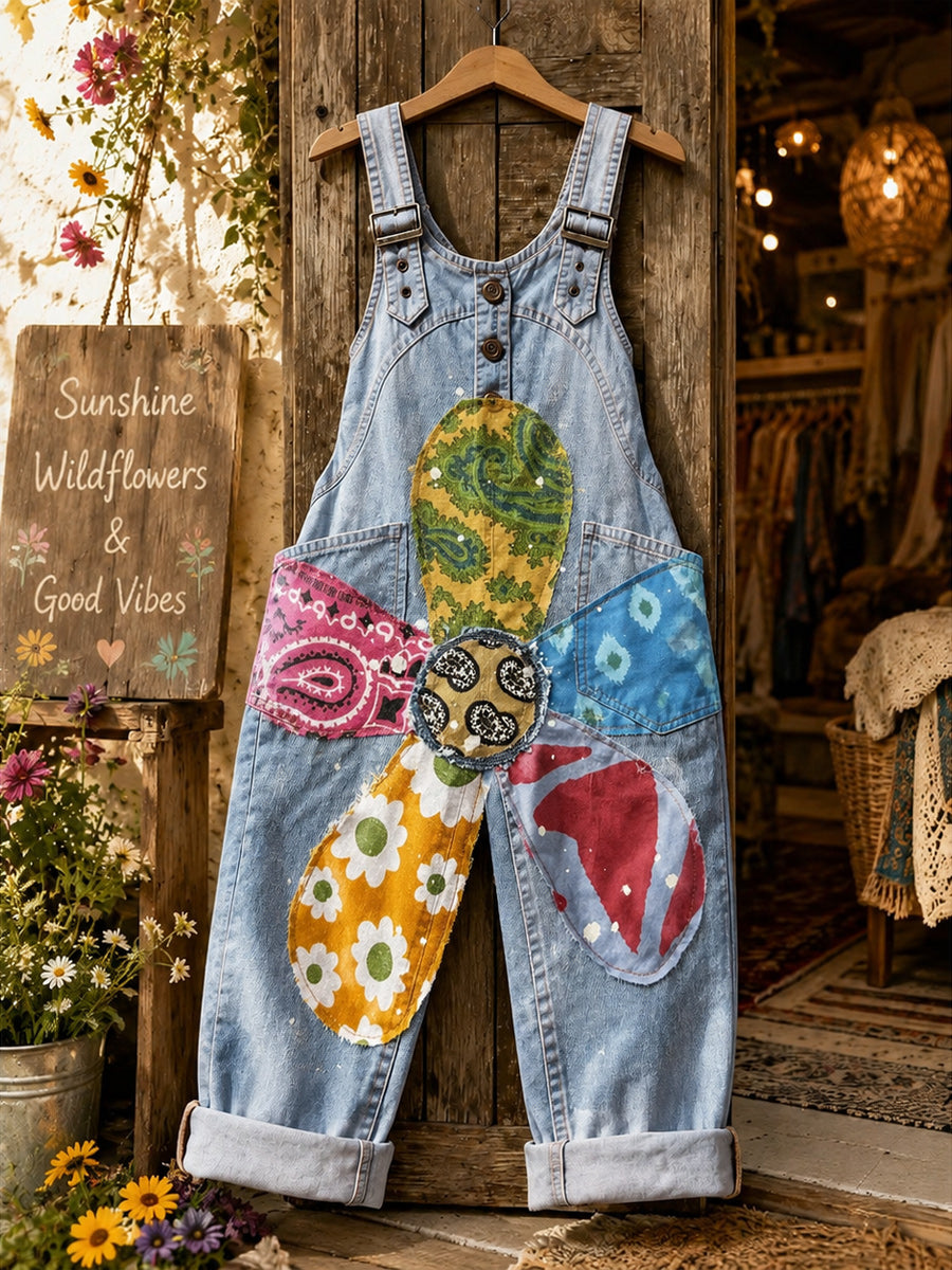 Women's Retro Style Art Print Washed Cotton Denim Patchwork Jumpsuit