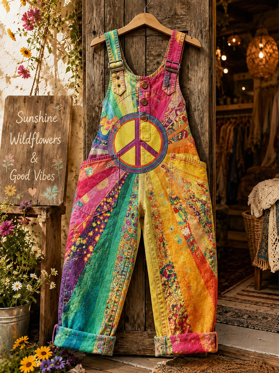 Women's Retro Style Art Print Washed Cotton Denim Patchwork Jumpsuit