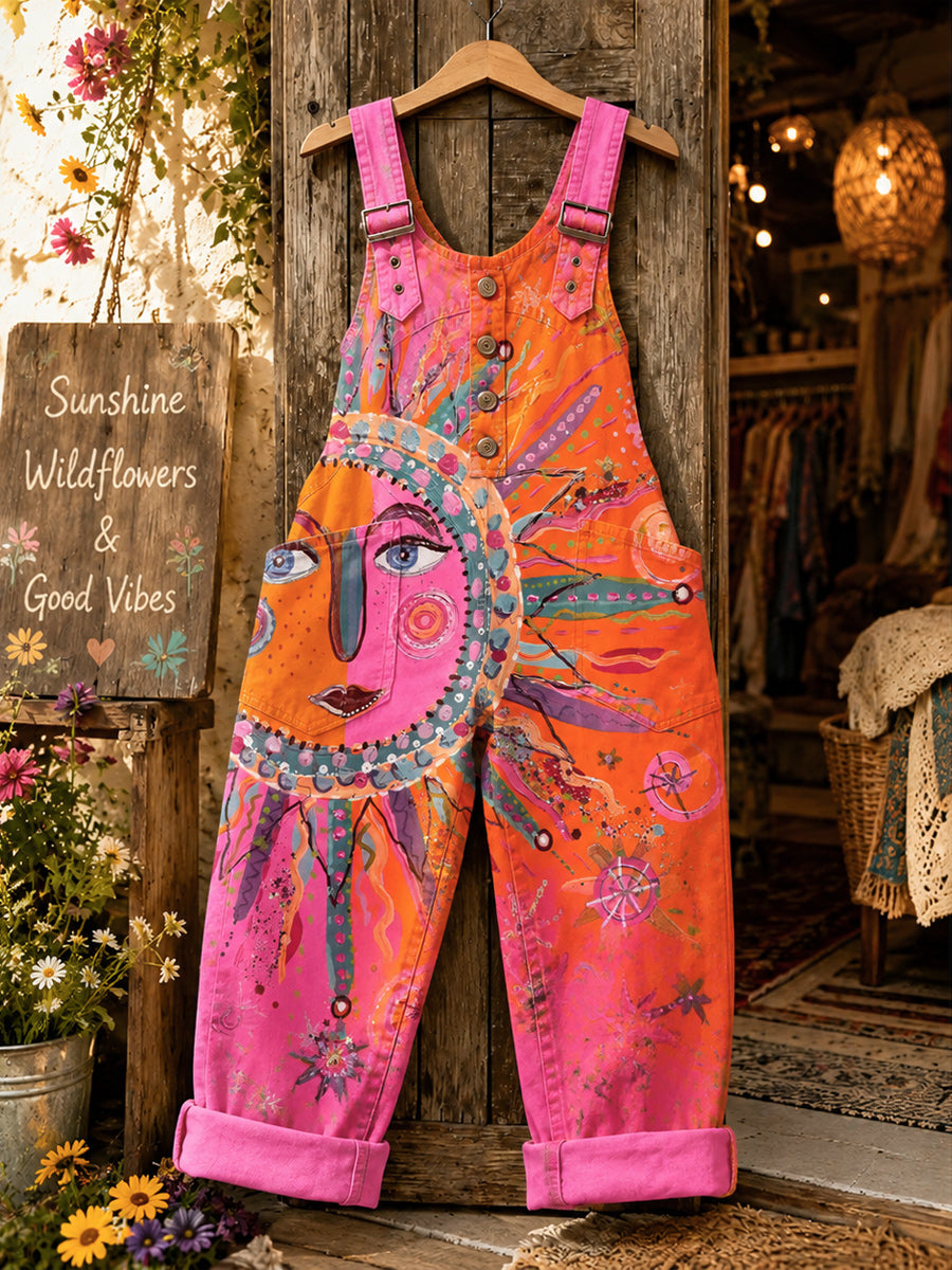 Women's Retro Style Art Print Washed Cotton Denim Patchwork Jumpsuit