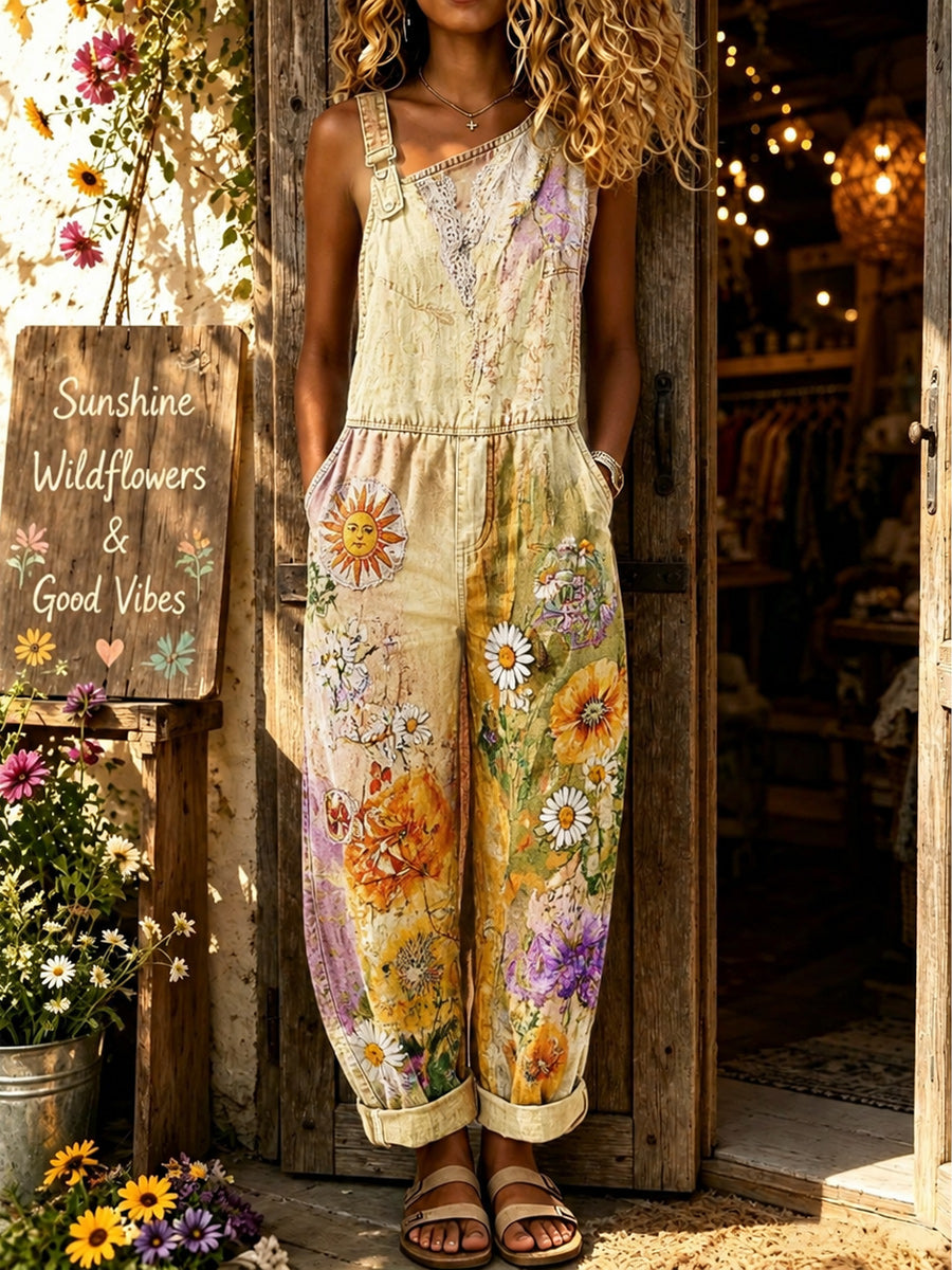 Women's Retro Style Art Print Washed Cotton Denim Patchwork Sleeveless Jumpsuit