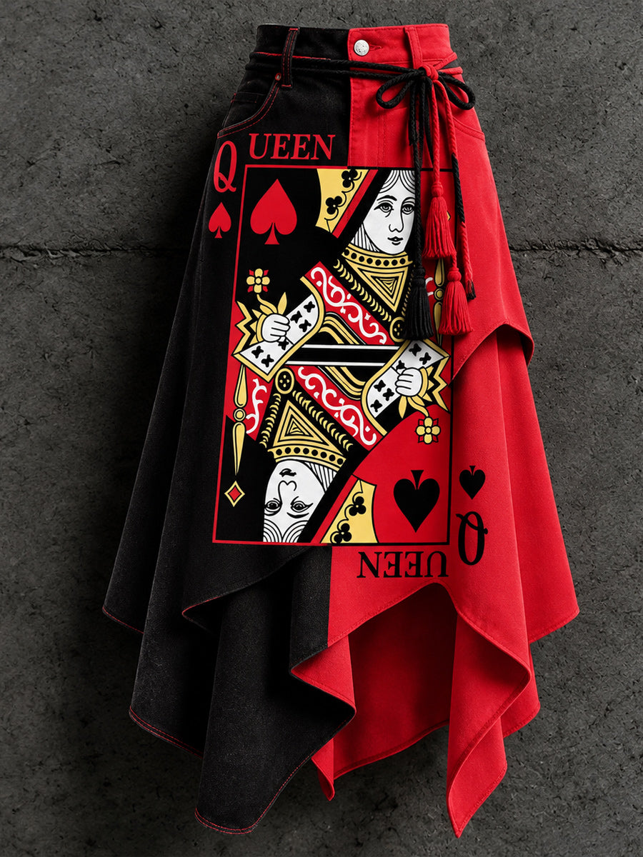 Women's Retro Style Art Print Irregularly Layered Stitched Skirt