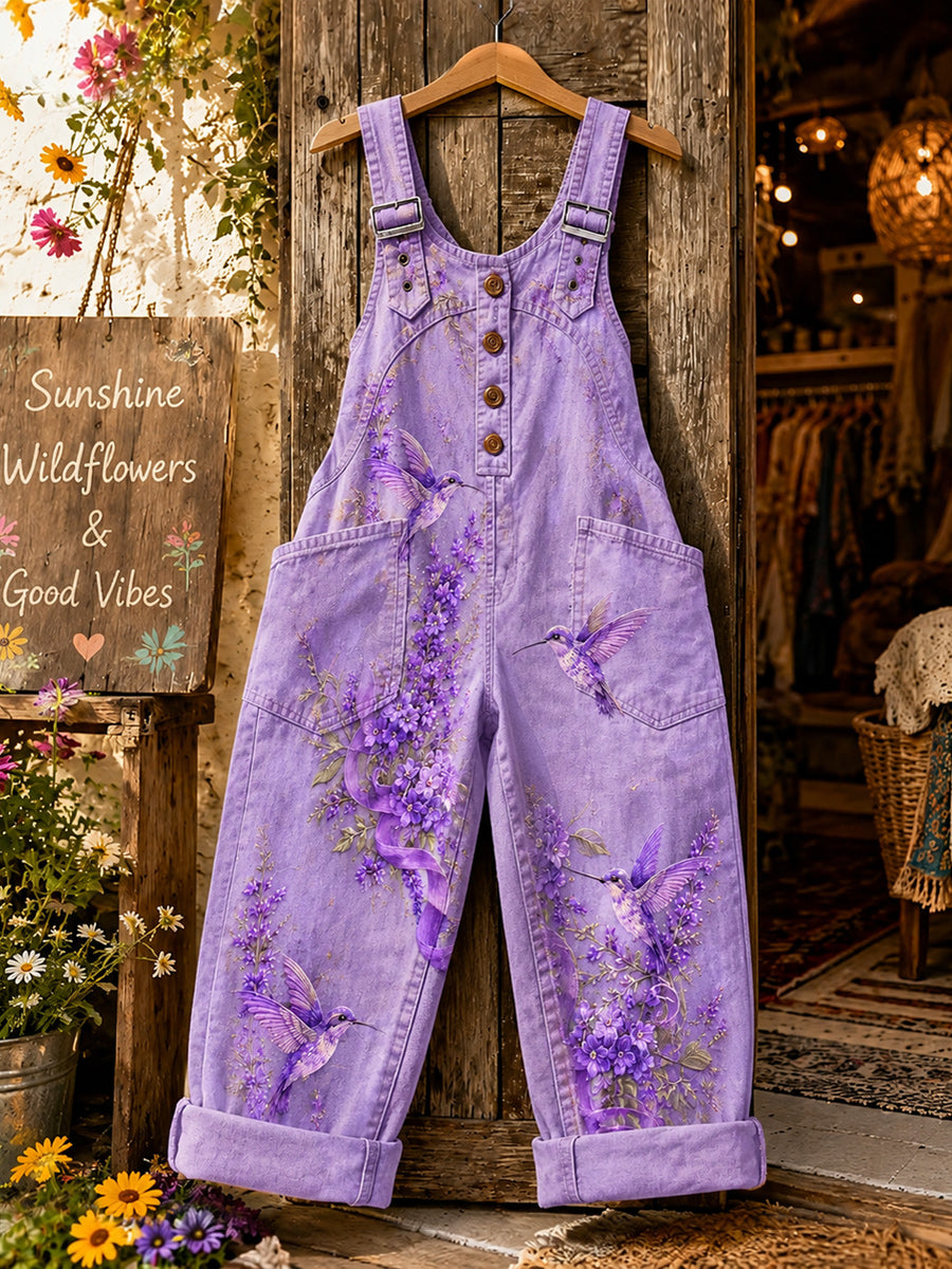 Women's Retro Style Art Print Washed Cotton Denim Patchwork Jumpsuit