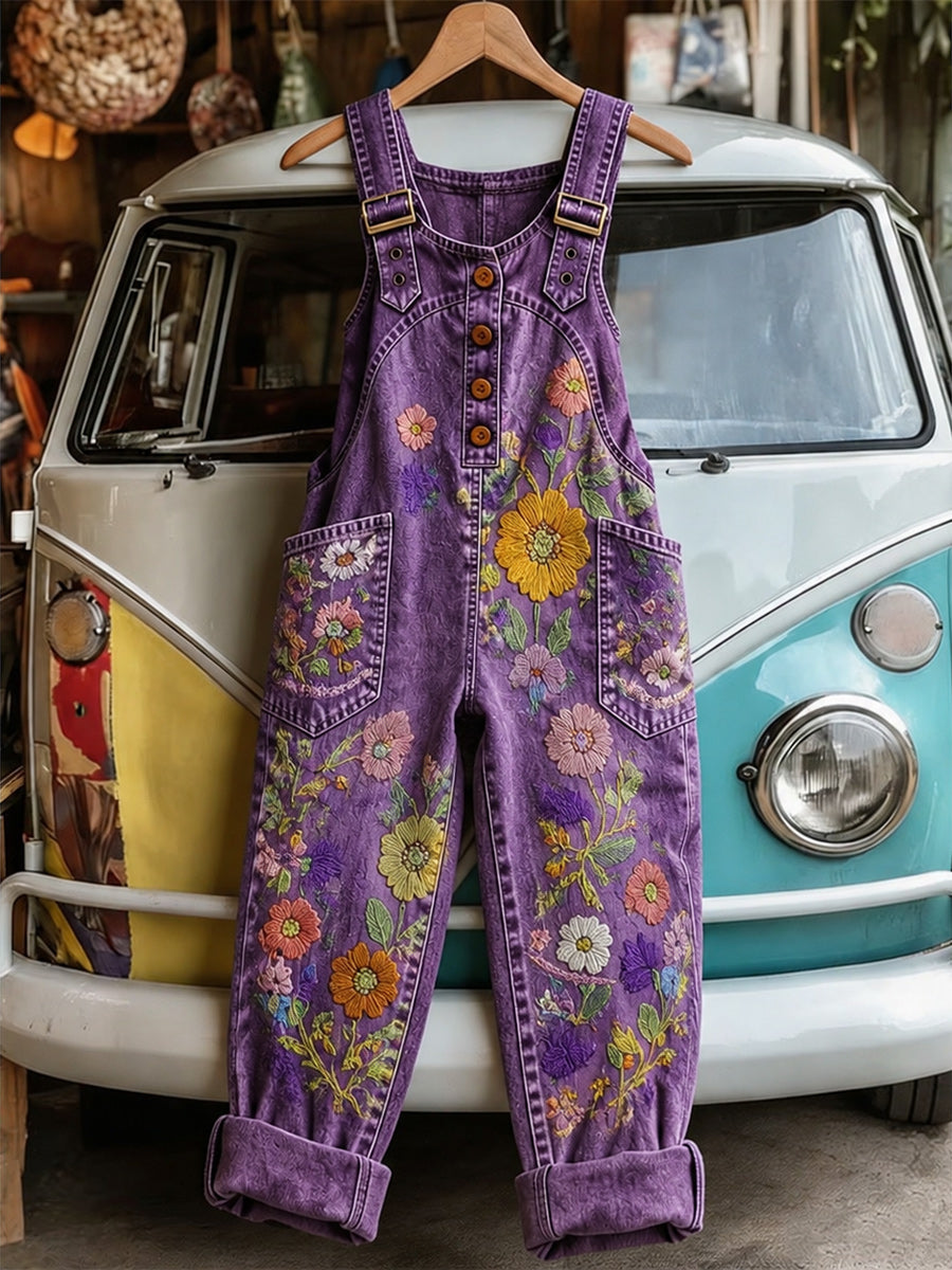 Women's Retro Style Art Print Washed Cotton Denim Patchwork Jumpsuit