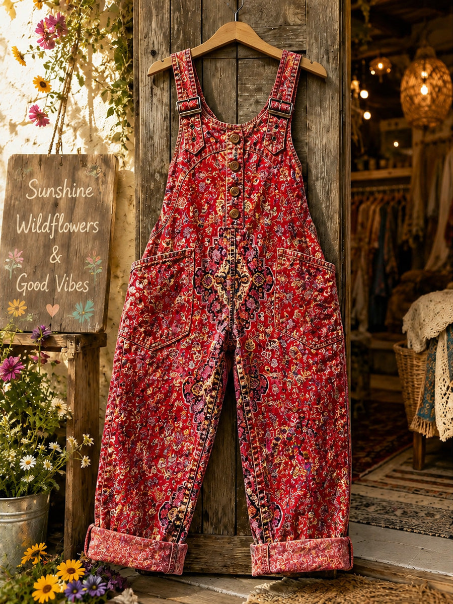 Women's Retro Style Art Print Washed Cotton Denim Patchwork Jumpsuit