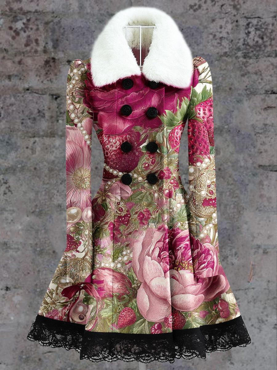 Retro Floral Art Print Vintage Elegance Fur Collar Button Up Long Sleeve Midi Dress