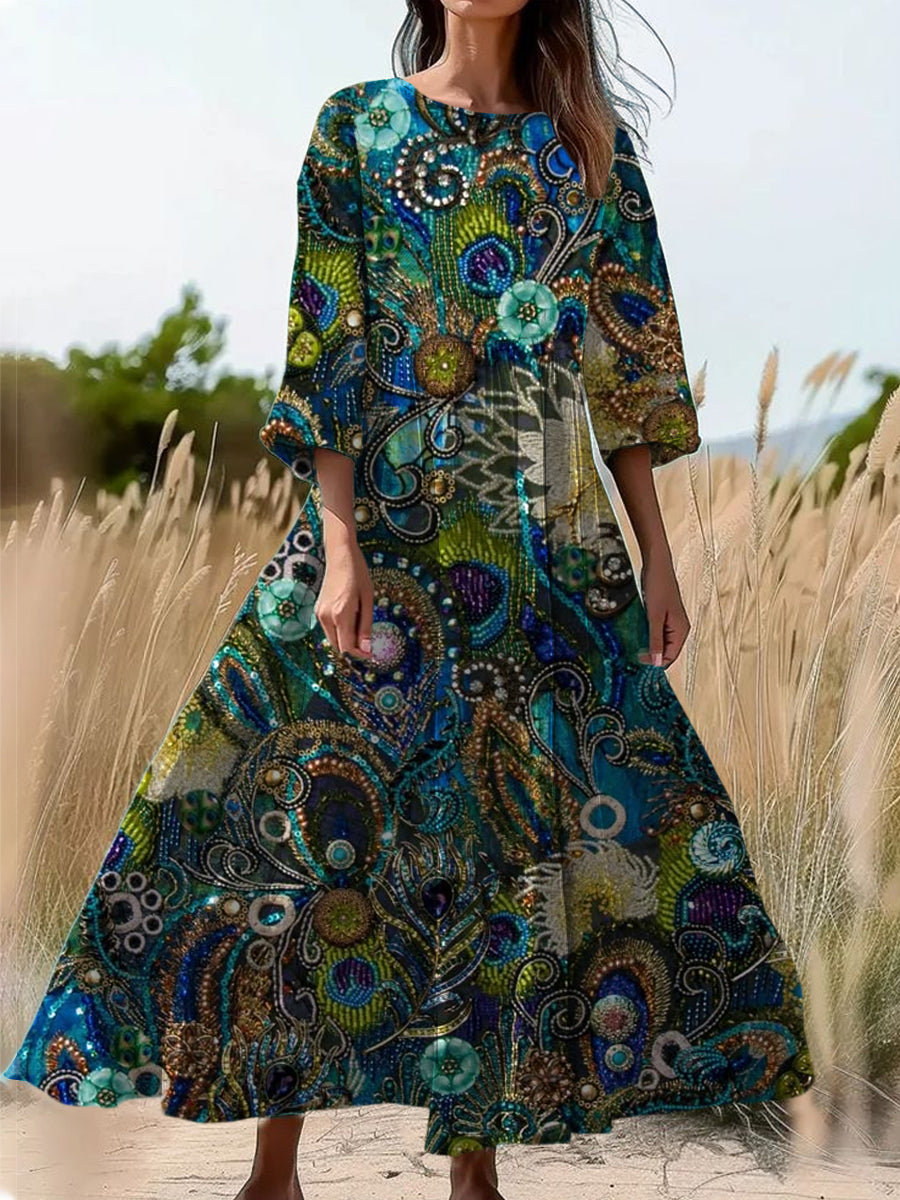 Retro Art Print Long Sleeve Midi Dress