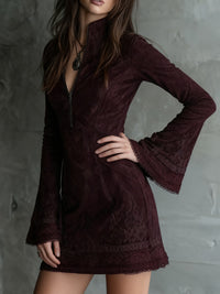 Retro Western Boho Art V-Neck Vintage Suede Velvet Lace Patchwork Long Sleeve Midi Dress