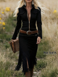 Women's Retro Western Cowboy Style Suede Fringed Hem Fitted Zipper Long-Sleeved Dress