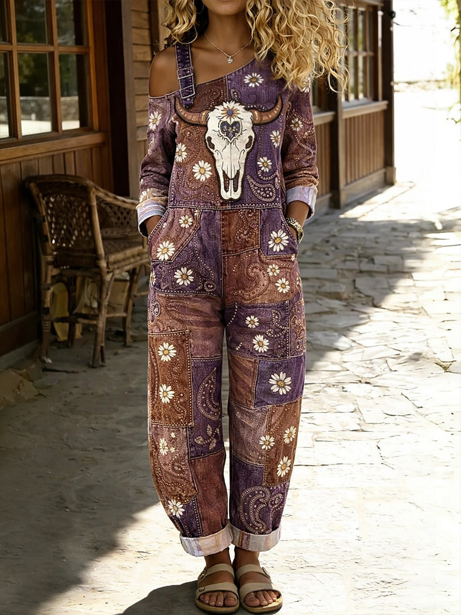 Women's Retro Western Floral Art Print Washed Cotton Denim Patchwork Jumpsuit