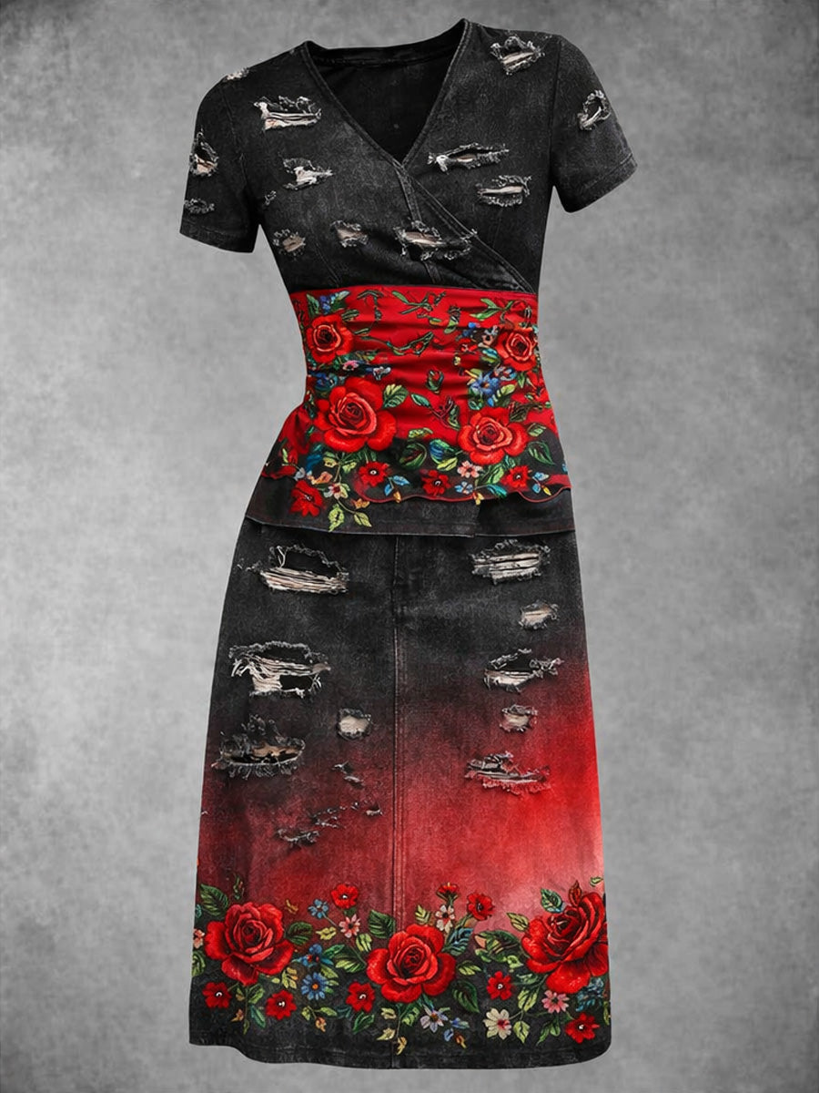 Retro Denim Rose Art Printed Vintage V-Neck Pleated Waist Short Sleeve Midi Dress