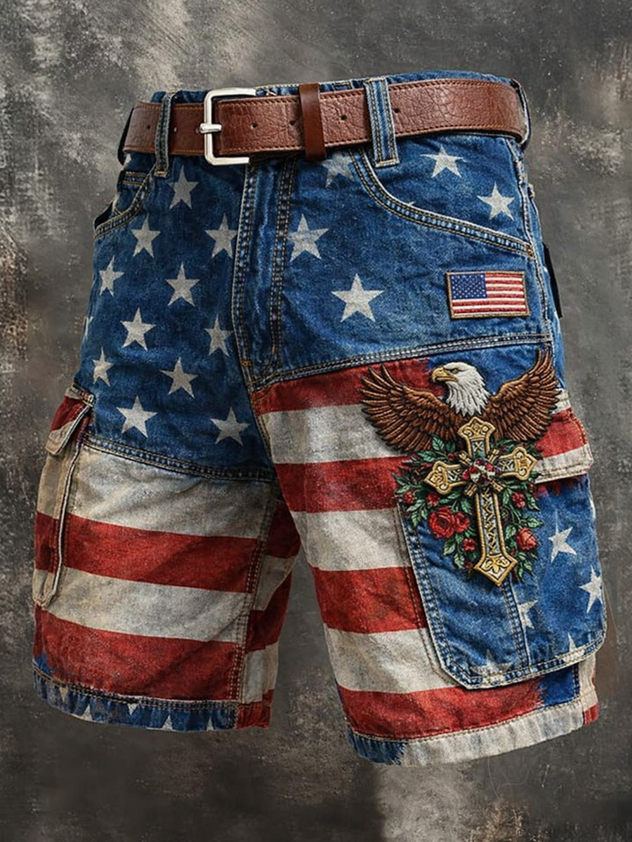Men's Retro Style USA Flag Art Print Casual Loose Pocket Work Shorts