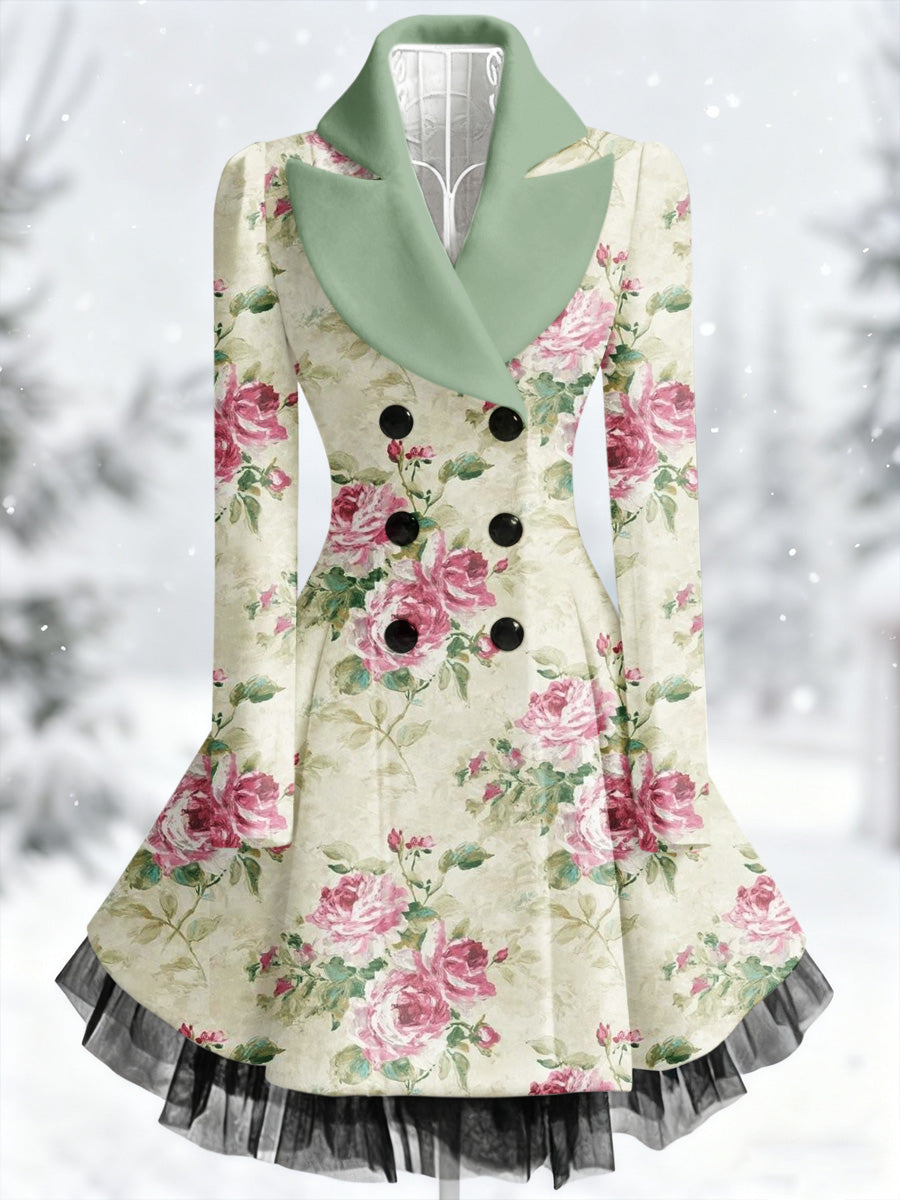 Retro Artistic Floral Print Vintage Elegance Lapel Button Up Long Sleeve Coat Dress