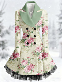 Retro Artistic Floral Print Vintage Elegance Lapel Button Up Long Sleeve Coat Dress