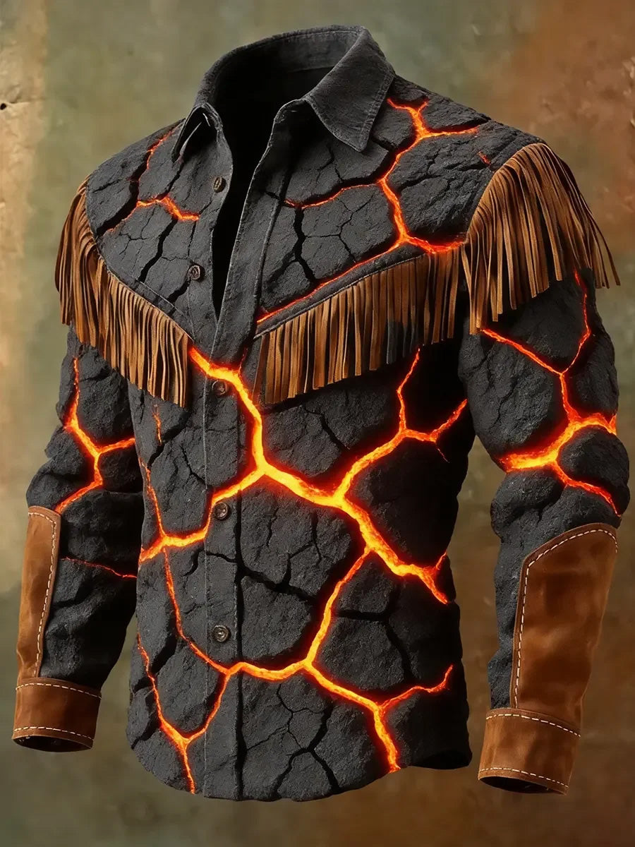 Men's Retro Western Style Print Vintage Tassel Casual Long Sleeve Shirt