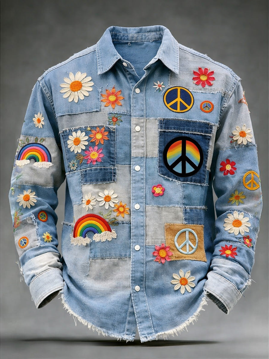 Men's Hippie Art Print Cotton Vintage Casual Cotton Long Sleeve Shirt