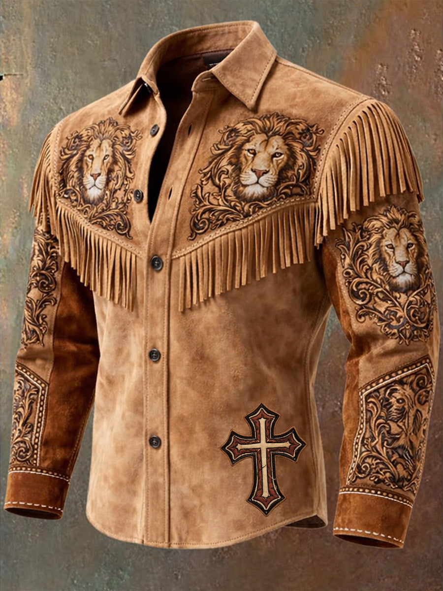 Men's Retro Western Style Lion Cross Print Vintage Tassel Casual Long Sleeve Shirt