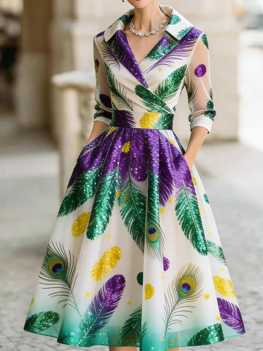 Retro Mardi Gras Art Texture Printed V-Neck Vintage Pocket-Style Long Sleeve Midi Dress
