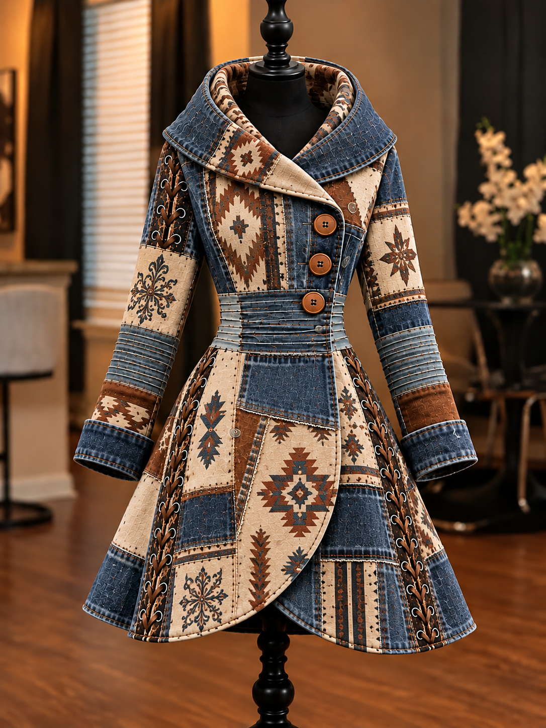 Women's Vintage Colorblock Asymmetrical Flared Coat
