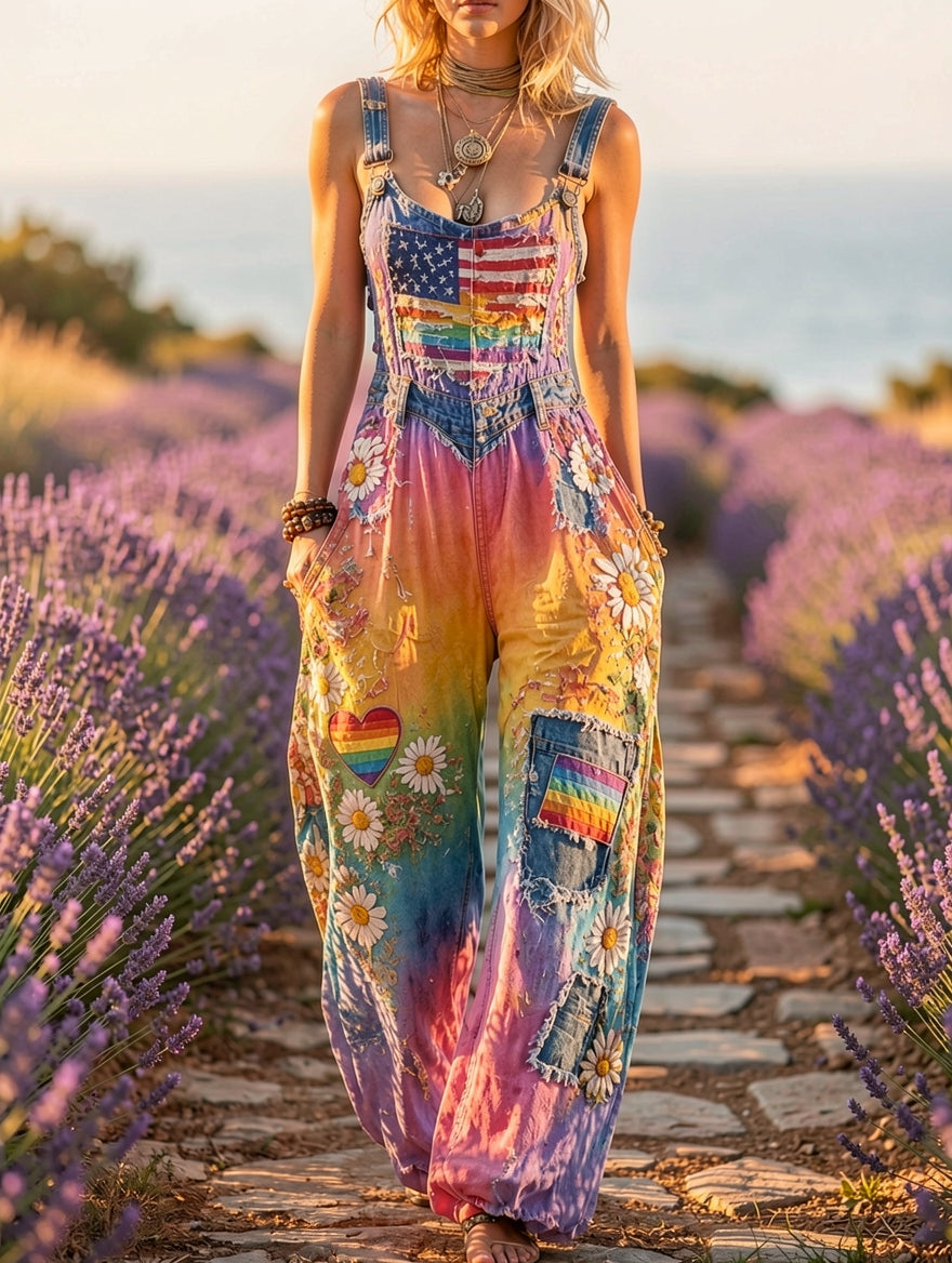 Women's Retro Style Art Print Washed Cotton Denim Patchwork Jumpsuit