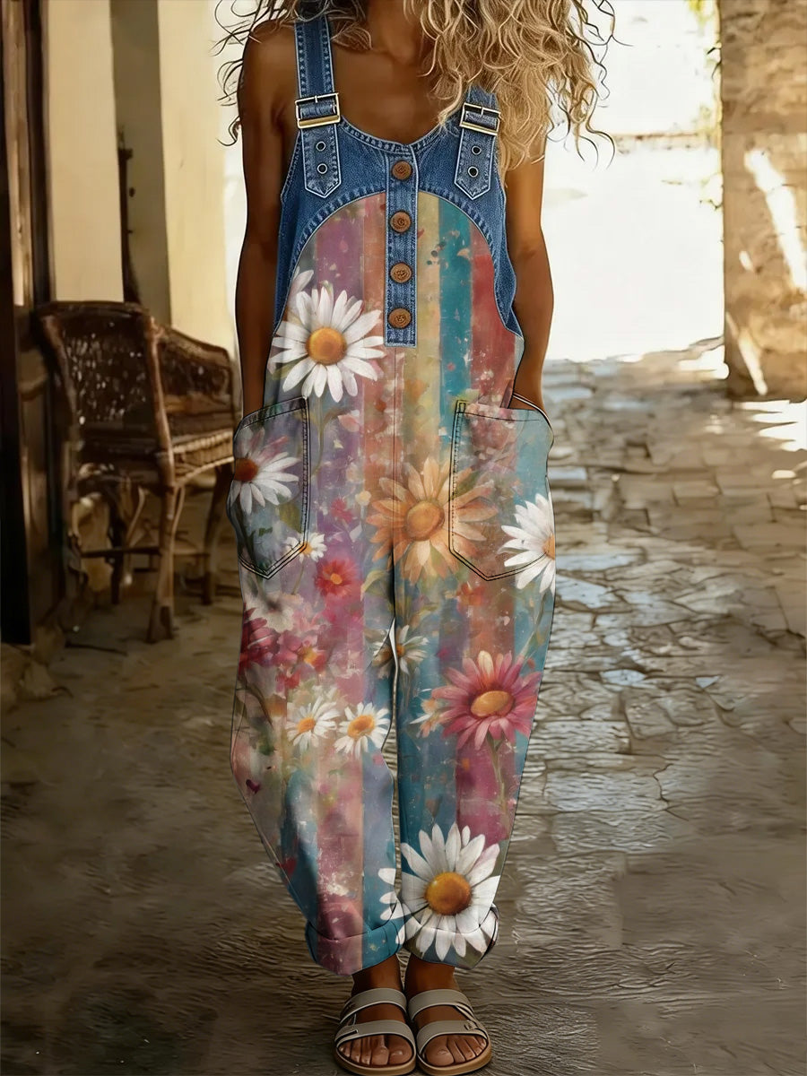 Women's Retro Style Print Washed Cotton Denim Patchwork Jumpsuit