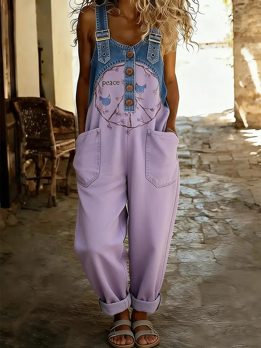 Women's Hippie Peace Bird Art Print Patchwork Jumpsuit