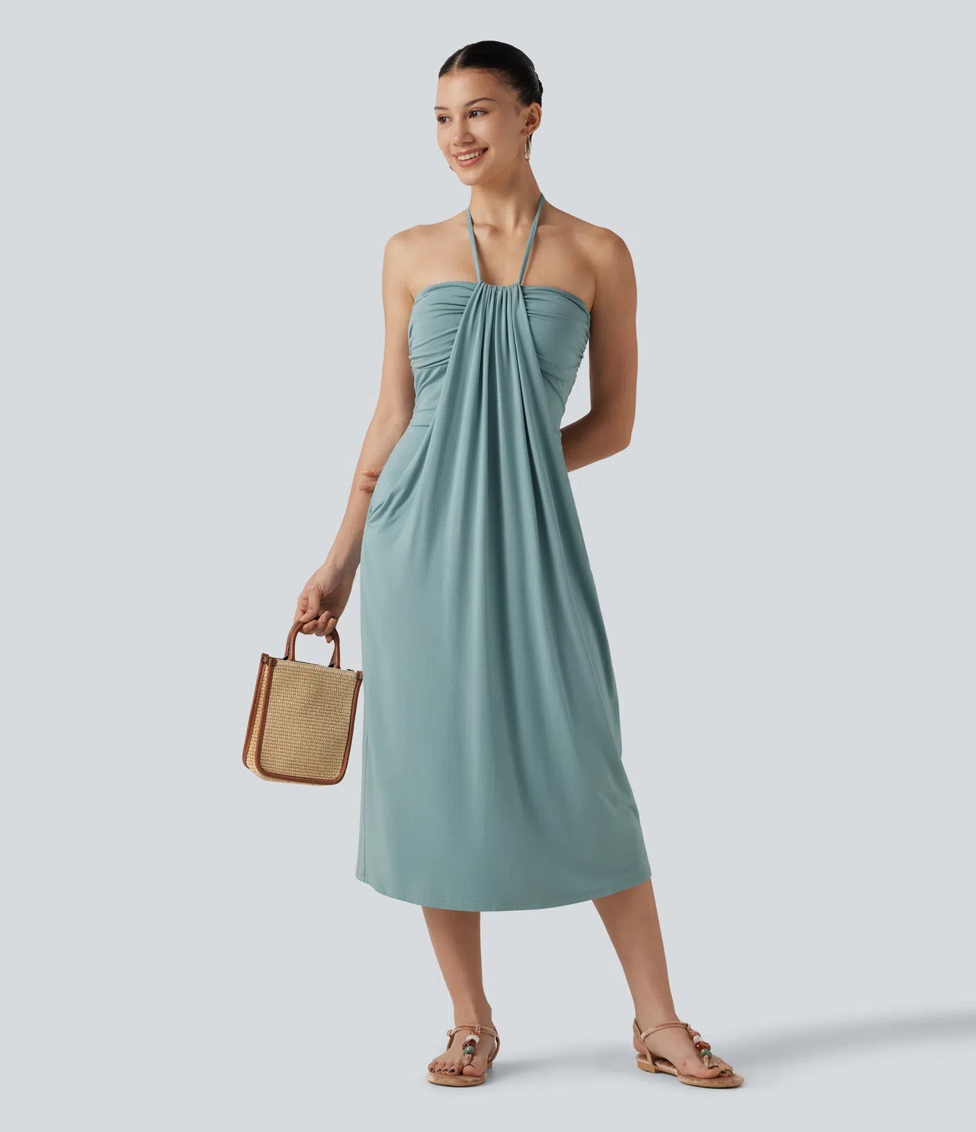Halter Neck Strapless Long Dress With Draped Pockets