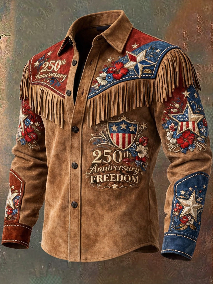 Men's Retro Western Style 250th Anniversary Print Vintage Tassel Casual Long Sleeve Shirt