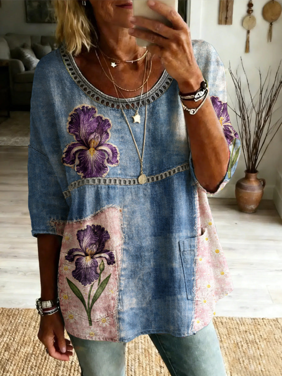 Women's Retro Casual  Style Print Vintage Half Sleeves Shirt