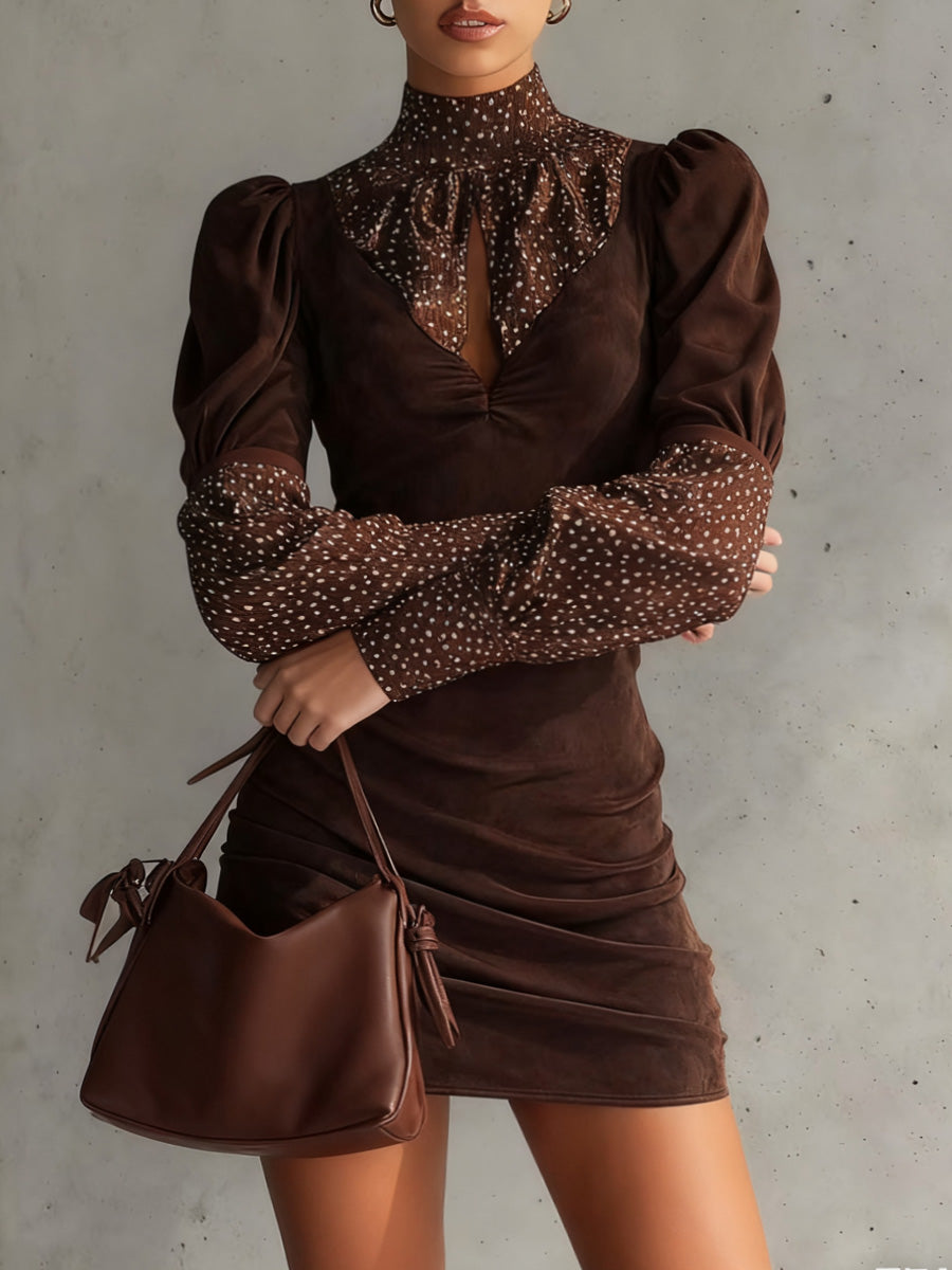 Vintage Suede Polka Dot Chiffon Patchwork Long Sleeve Midi Dress