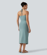 Halter Neck Strapless Long Dress With Draped Pockets