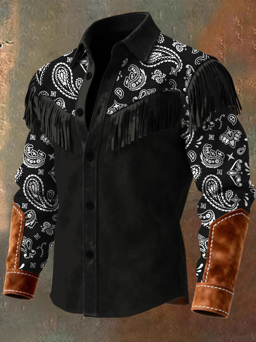 Men's Retro Western Style Art Print Vintage Tassel Casual Long Sleeve Shirt
