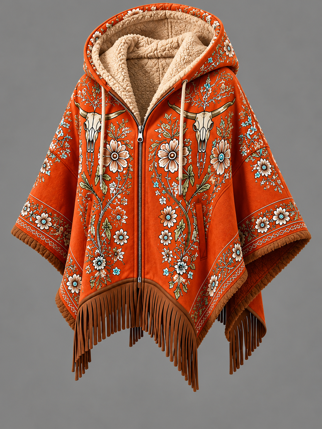 Women's Fall Winter Vintage Art Fleece-Lined Hooded Fringe Poncho