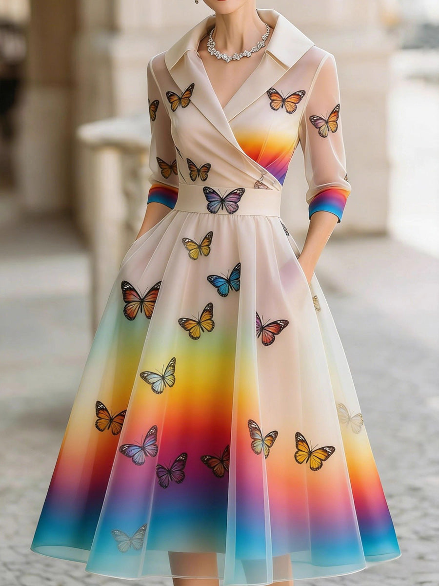 Retro Rainbow Butterfly Printed V-Neck Vintage Pocket-Style Long Sleeve Midi Dress