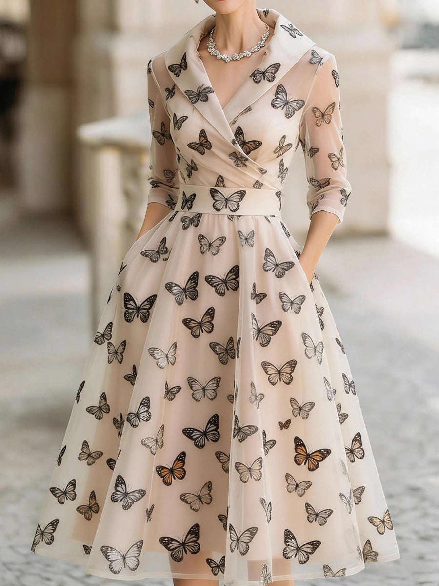 Retro Floral Art Texture Printed V-Neck Vintage Pocket-Style Long Sleeve Midi Dress