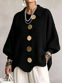 Women French Lapel Irregular Hem Lantern Sleeve Knit Cardigan