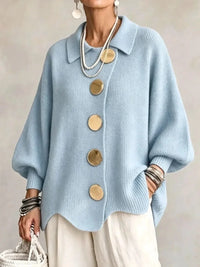 Women French Lapel Irregular Hem Lantern Sleeve Knit Cardigan