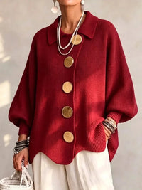 Women French Lapel Irregular Hem Lantern Sleeve Knit Cardigan