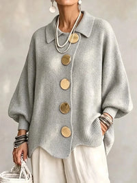 Women French Lapel Irregular Hem Lantern Sleeve Knit Cardigan