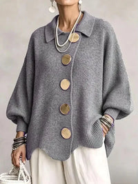 Women French Lapel Irregular Hem Lantern Sleeve Knit Cardigan