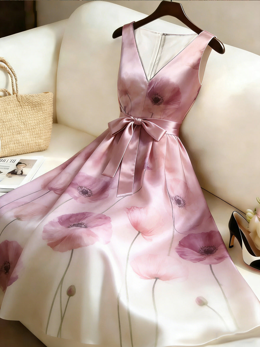 Retro Style Floral Art Print V-Neck Sleeveless Cotton Maxi Dress