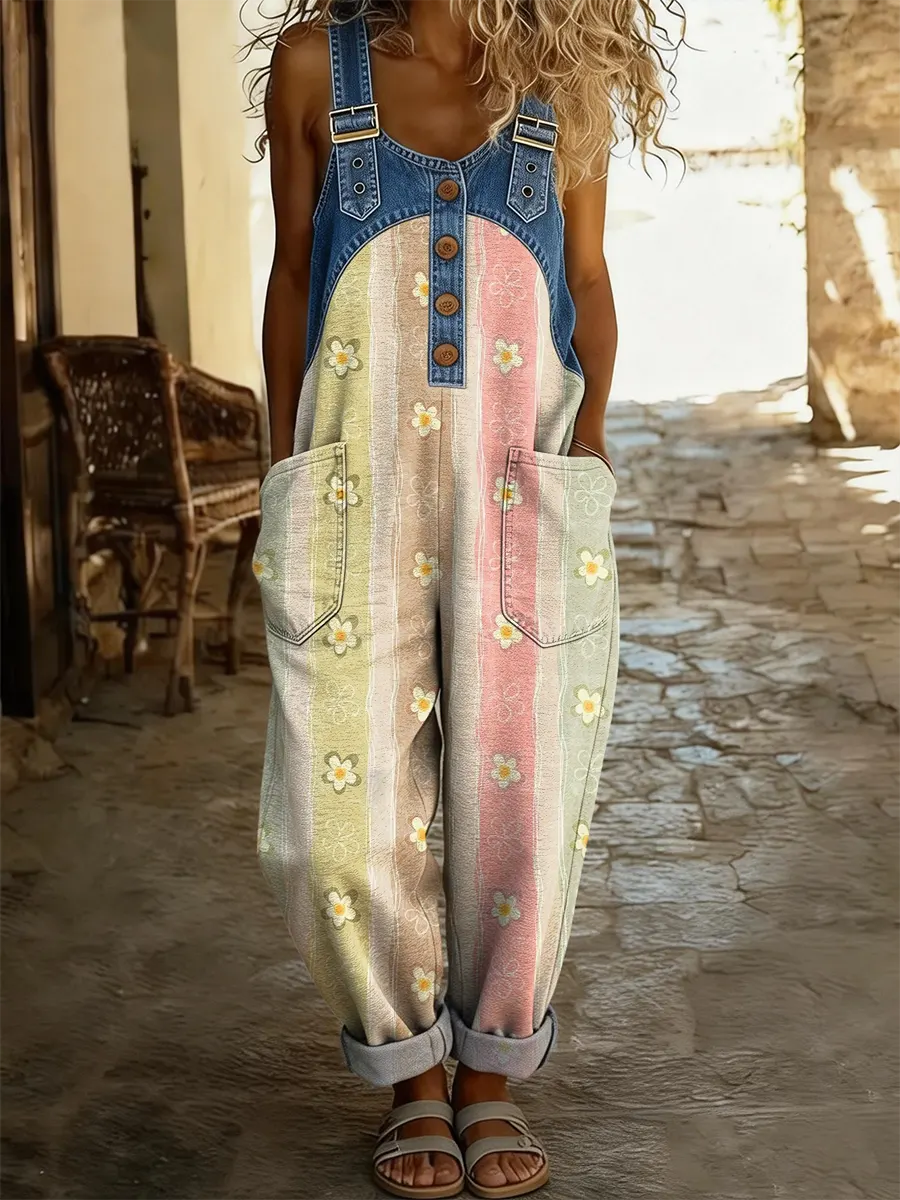 Ethnicity Flowers Stripes Women's Casual Washed Cotton Denim Patchwork Jumpsuit